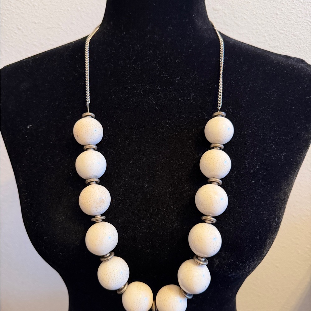 Chunky White Bead Statement Necklace | Heavy Silver Tone